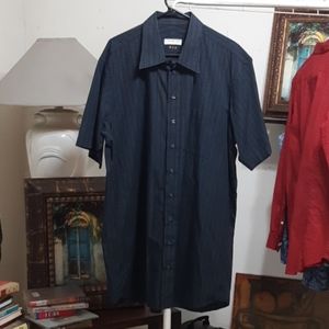 Mens Button Up Shirt dark shortsleeve Black Blue Gray Striped OMEGA